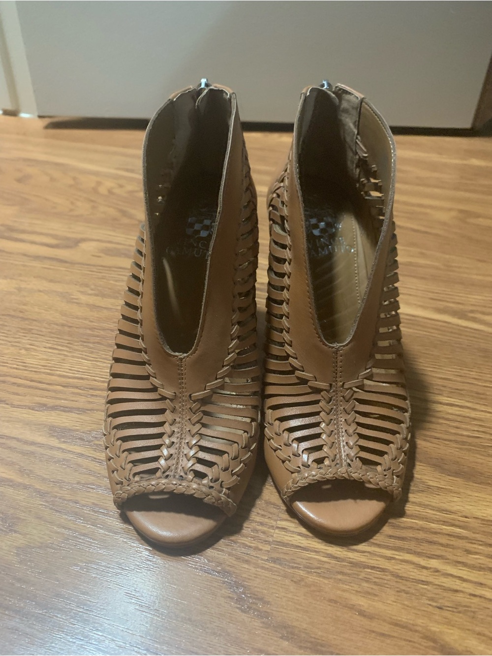 Vince Camuto Tan Woven Peep-Toe Heels